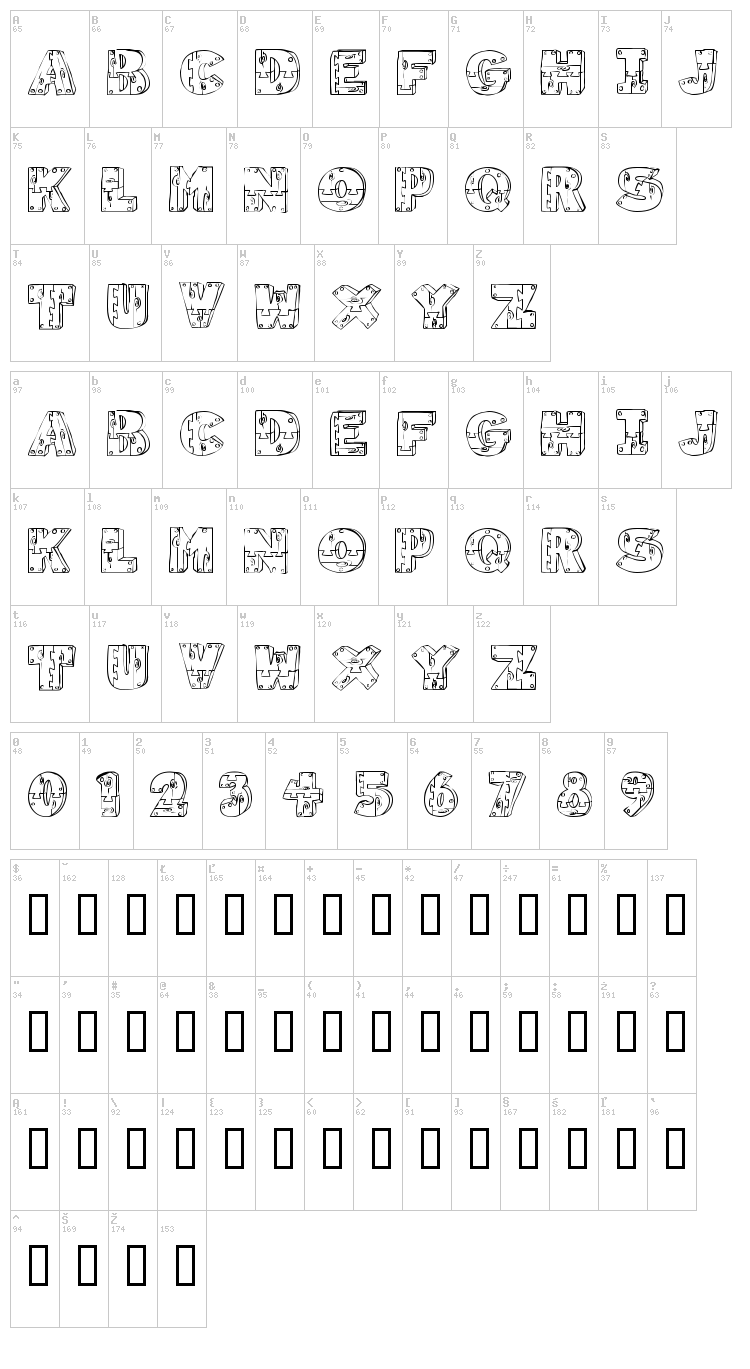 Wood Shapes font map